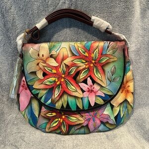 Anuschka Colorful Floral Hand Painted Leather Shoulder Bag
